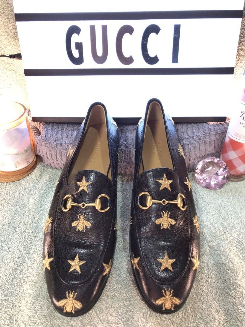 Gucci Black and Leather Gold Bee Star Embroidered Loafers