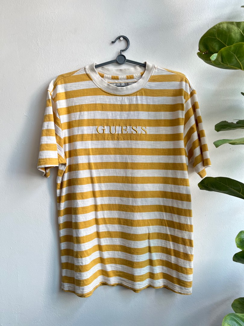 Guess yellow new arrivals striped t shirt