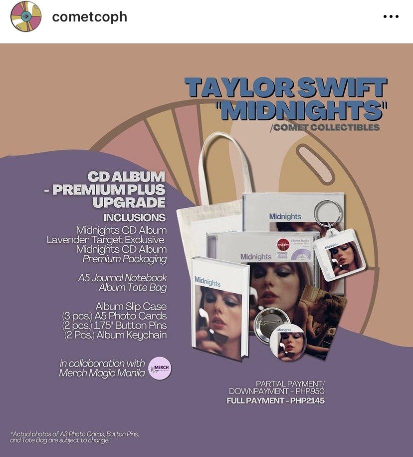 Midnights Taylor Swift Cometco Set (Category: Western Merchandise) located in Quezon City. Submitted by cchescaa (Listing ID 1239420739, Image 2). Description: 🪩‼️Selling my Midnights Set from Comet Collectibles ‼️🪩 PHP 1,499 10/10 Condition with Box Unused. Taken out of the box and inspected only after delivery Included: ✨SEALED Midnights Lavender Disc (Target Exclusive) ✨A5 Journal Notebook ✨Snow on the Beach Tote ✨Unofficial album sleeve ✨3P