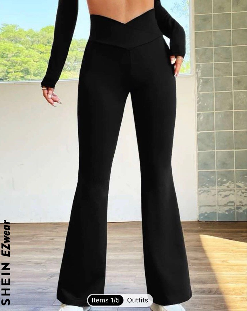 SHEIN EZwear Plus Size High-Rise Flare Leggings-Black