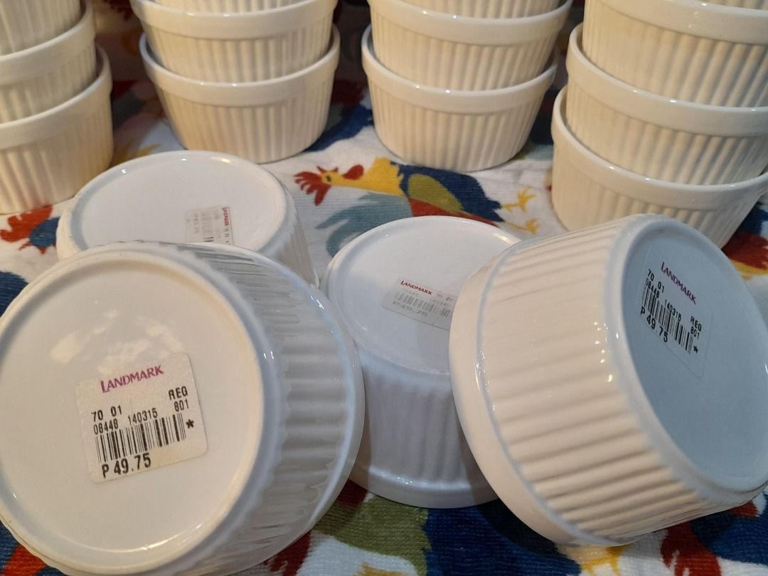 Porcelain Ramekins (Category: Bakeware) located in Quezon City. Submitted by yanadoodles25 (Listing ID 1239517373, Image 2). Description: ITEM: Porcelain Ramekins BRAND: bought at Landmark COLOR: White SIZE: 4” diameter x 2”H PCS: 24 MATERIAL: porcelain REMARKS: 4 pcs w/ minor chip, majority with price tag PRICE: 25 each, original price 49.75.