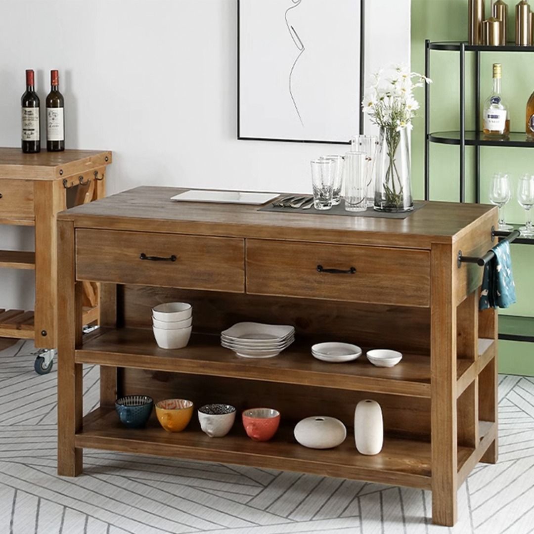 Presenthem Spacious Kitchen Island Table with Storage Shelves and Drawers