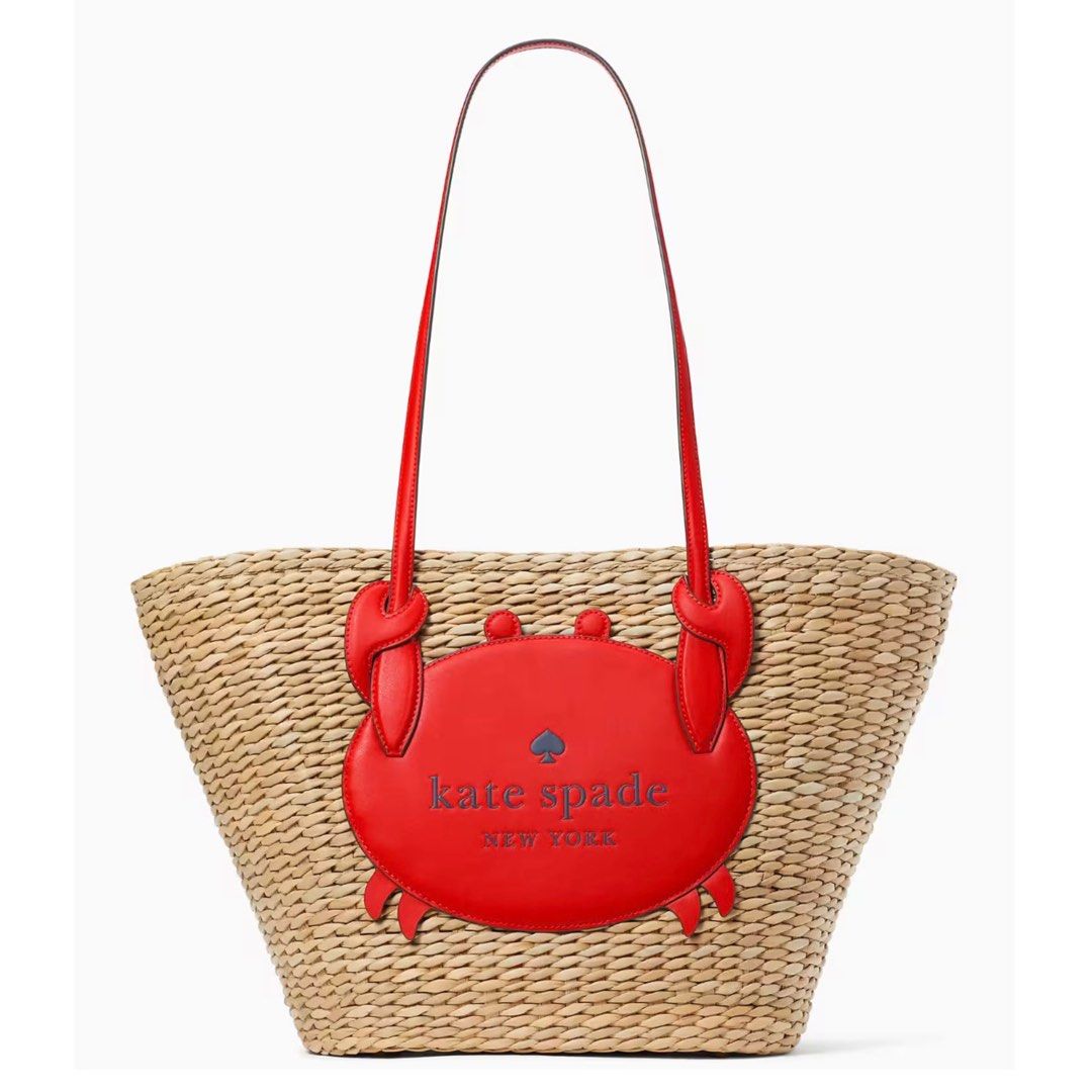 SALES COLLECTIBLE Kate Spade Pinch Me Crab Large Tote Handbag Shoulder Bag Straw Natural Multi Red