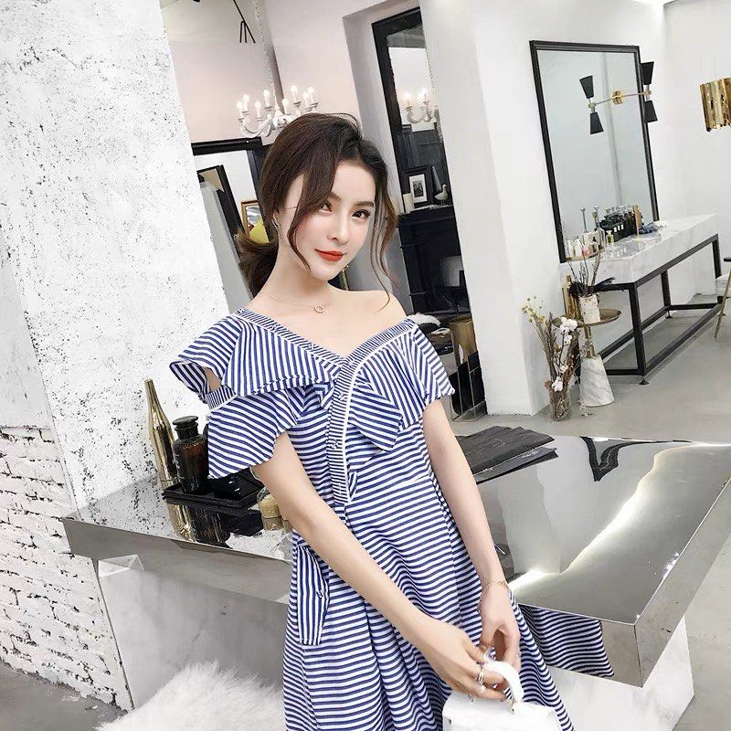 Self Portrait Blue & White Striped Asymmetric Pleated Midi Dress, Women's  Fashion, Dresses & Sets, Dresses on Carousell