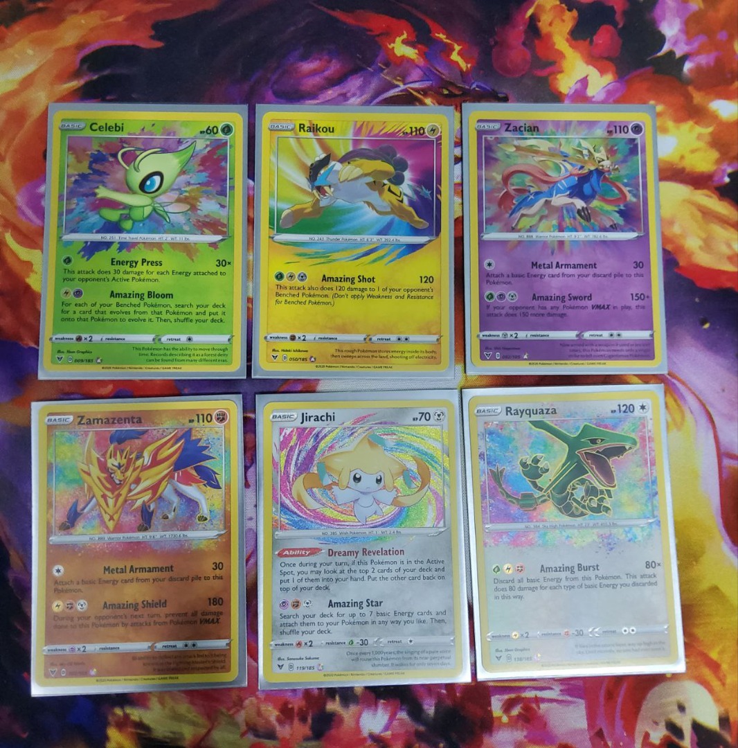 Sword & Shield: Vivid Voltage - Celebi (009/185 - Amazing Rare), Raikou  (050/185 - Amazing Rare), Zacian (082/185 - Amazing Rare), Zamazenta  (102/185 - Amazing Rare), Jirachi (119/185 - Amazing Rare), Rayquaza  (138/185 - Amazing Rare), Hobbies & Toys ...