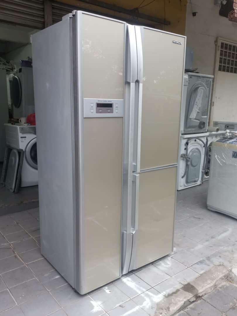 Used Hitachi side by side glass doors fridge 600L, refrigerator peti