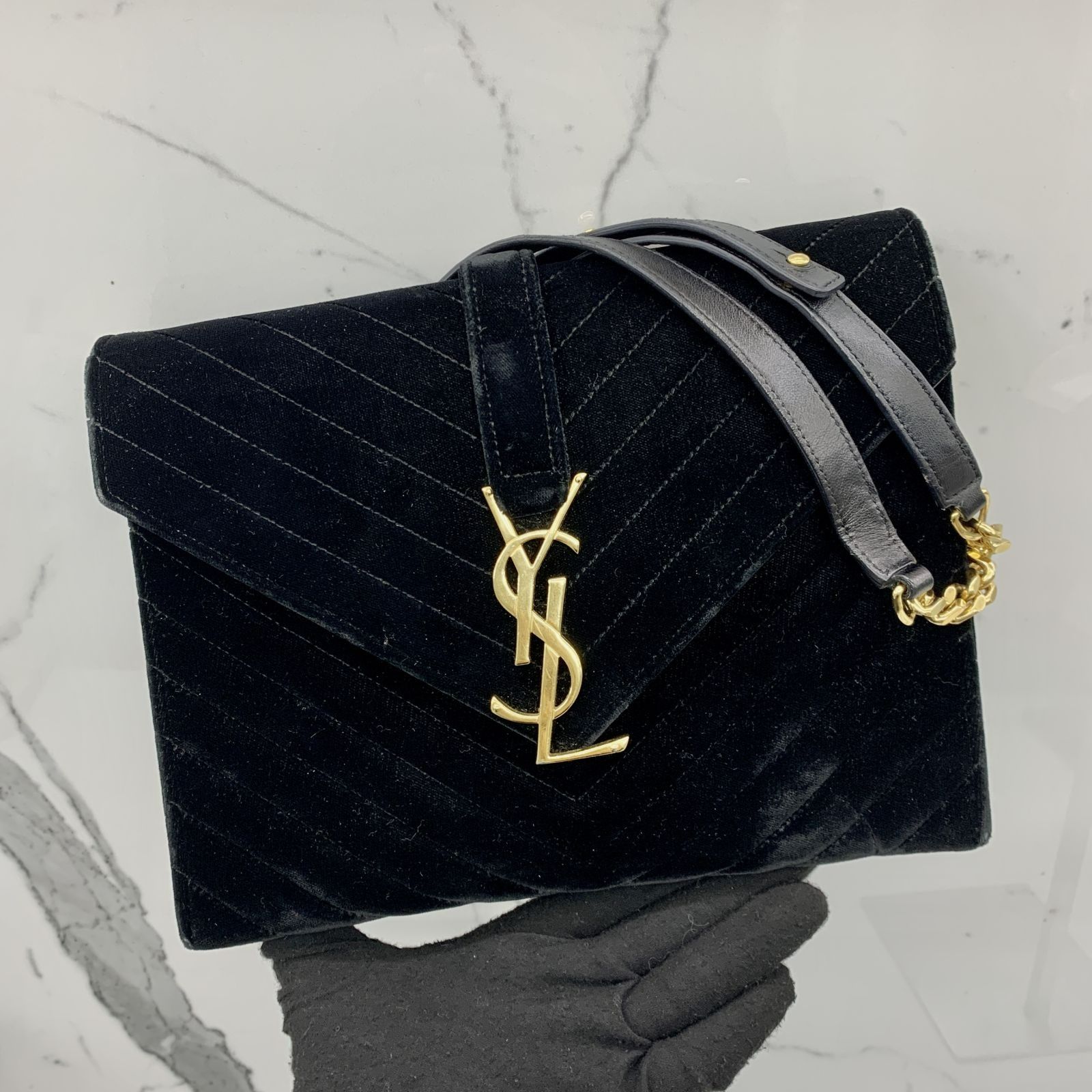 Yves Saint Laurent Signature Black Velvet Monogram Adjustable Double Handle Tote