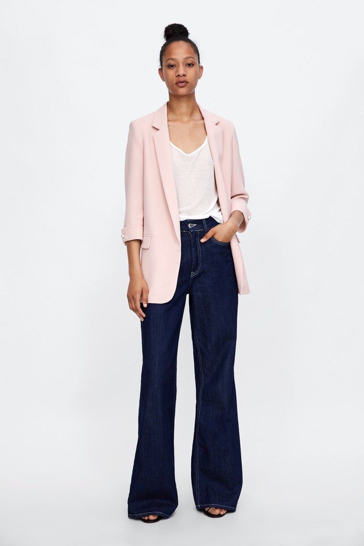 Zara Long Blazer with Pearls in Soft Pink Plus Size Women s