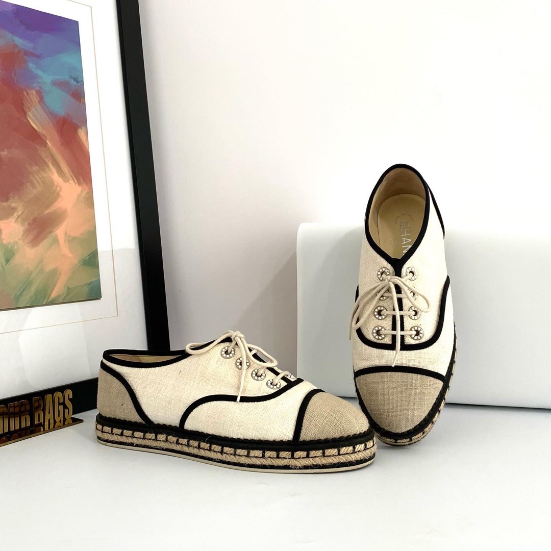 Authentic Chanel Beige Canvas Lace Up Pearl Espadrille Shoes