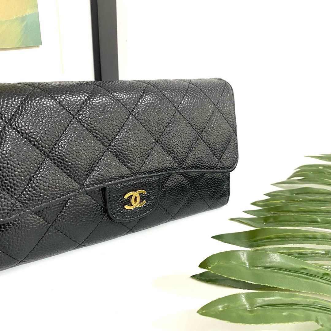 💯% Authentic Chanel Black Caviar Tri-Flap Long Wallet with Gold Hardware,  Luxury, Bags & Wallets on Carousell