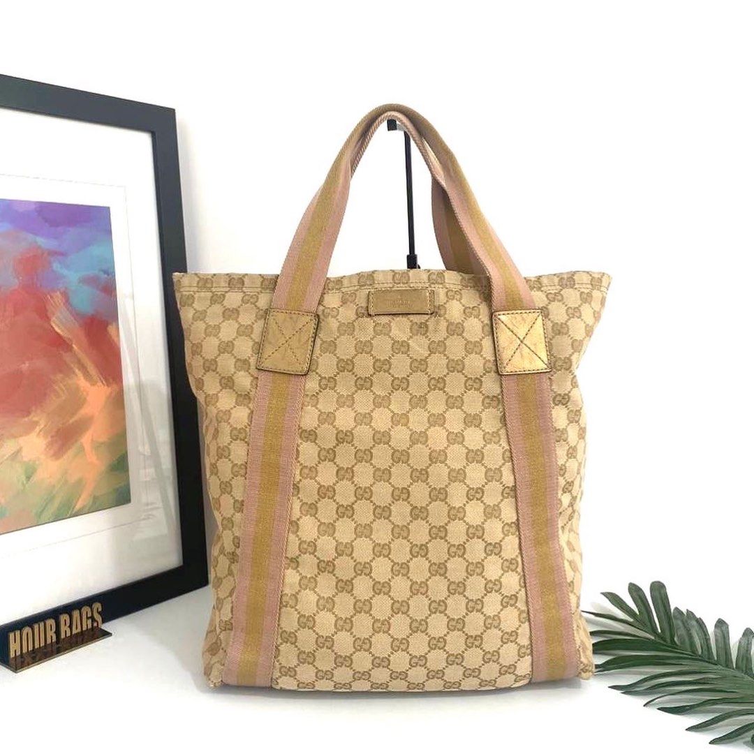 Authentic Gucci Beige Gold Web Tote GG Canvas Luxury Bags