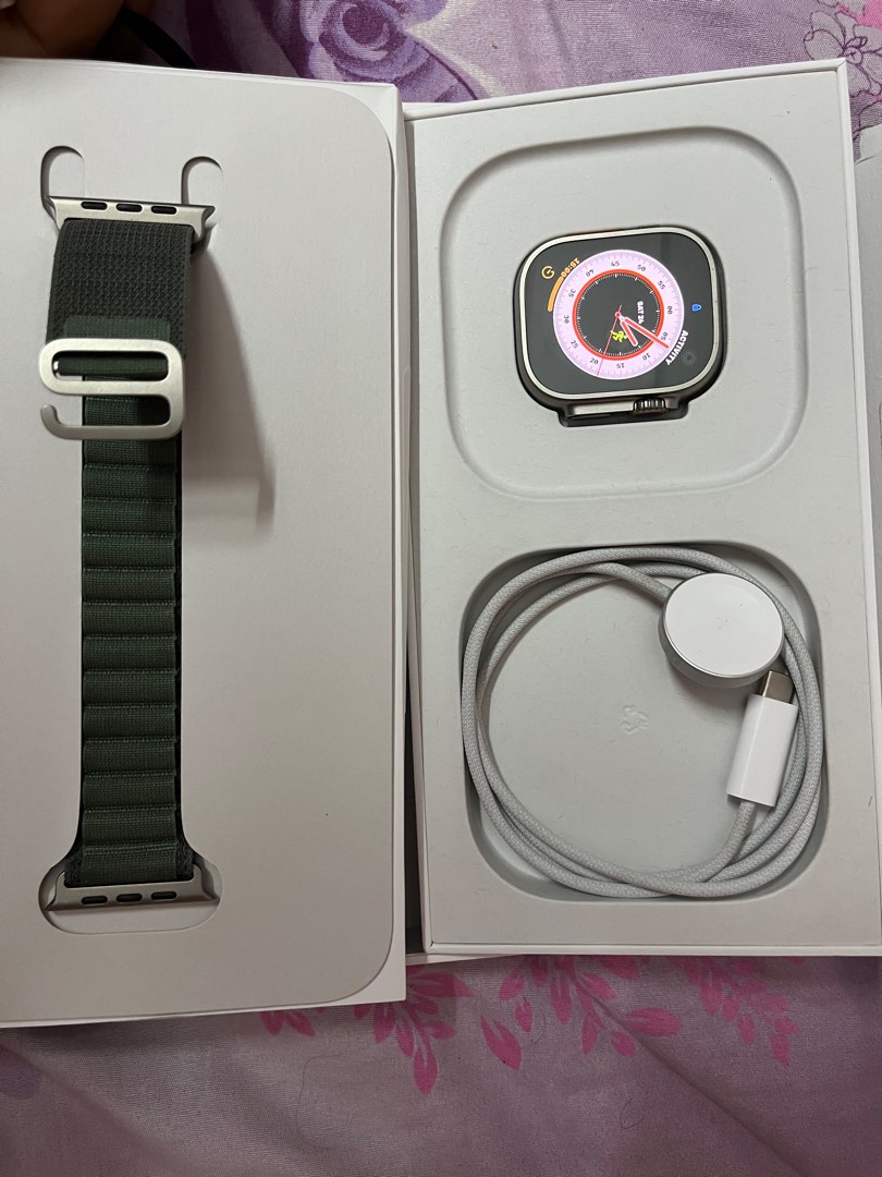 Apple Watch Ultra Titanium Case with Green Alpine Loop, Men's Fashion