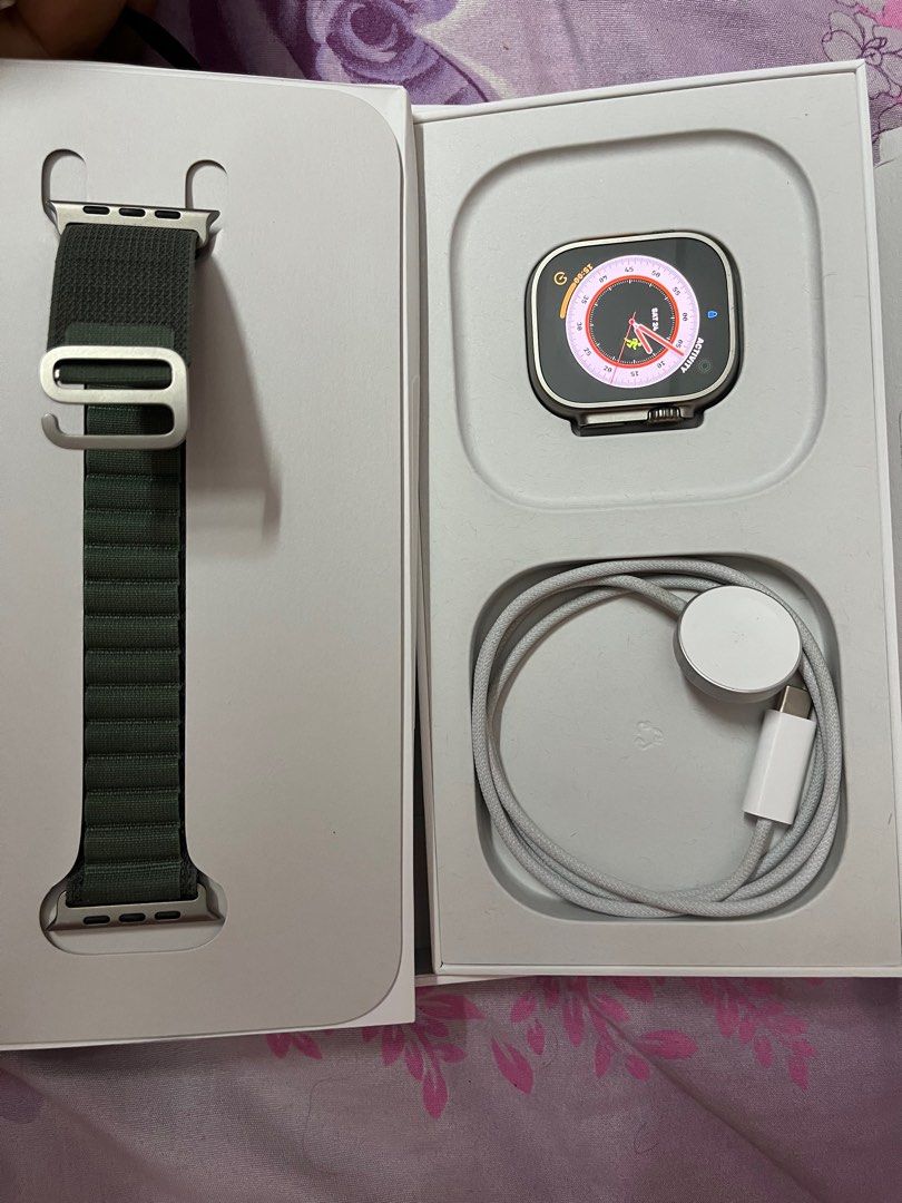 Apple Watch Ultra Titanium Case with Green Alpine Loop, Men's Fashion