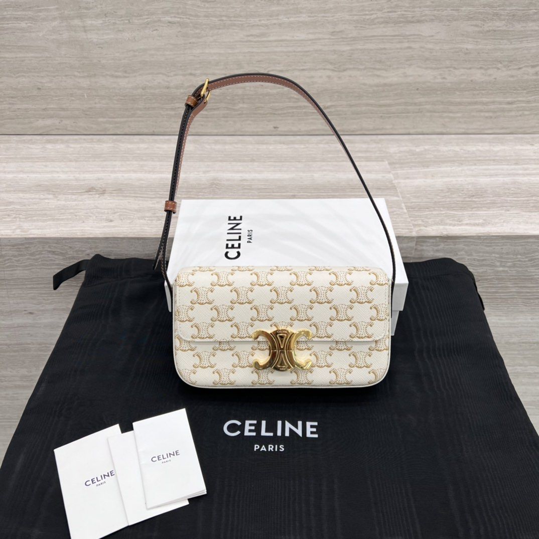 CELINE+Triomphe+Shoulder+Bag+White+Canvas%2FLeather for sale online
