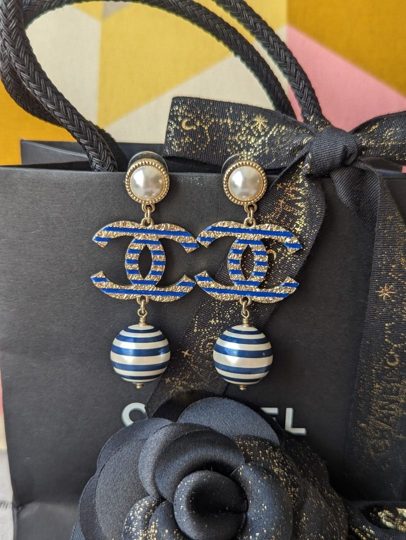 Chanel large metal cc logo striped pearls earrings new