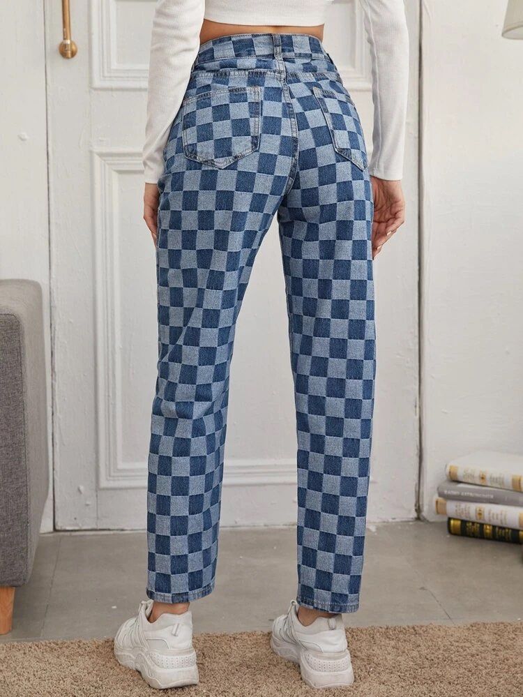 Checkered straight jeans Women s Fashion Bottoms Jeans