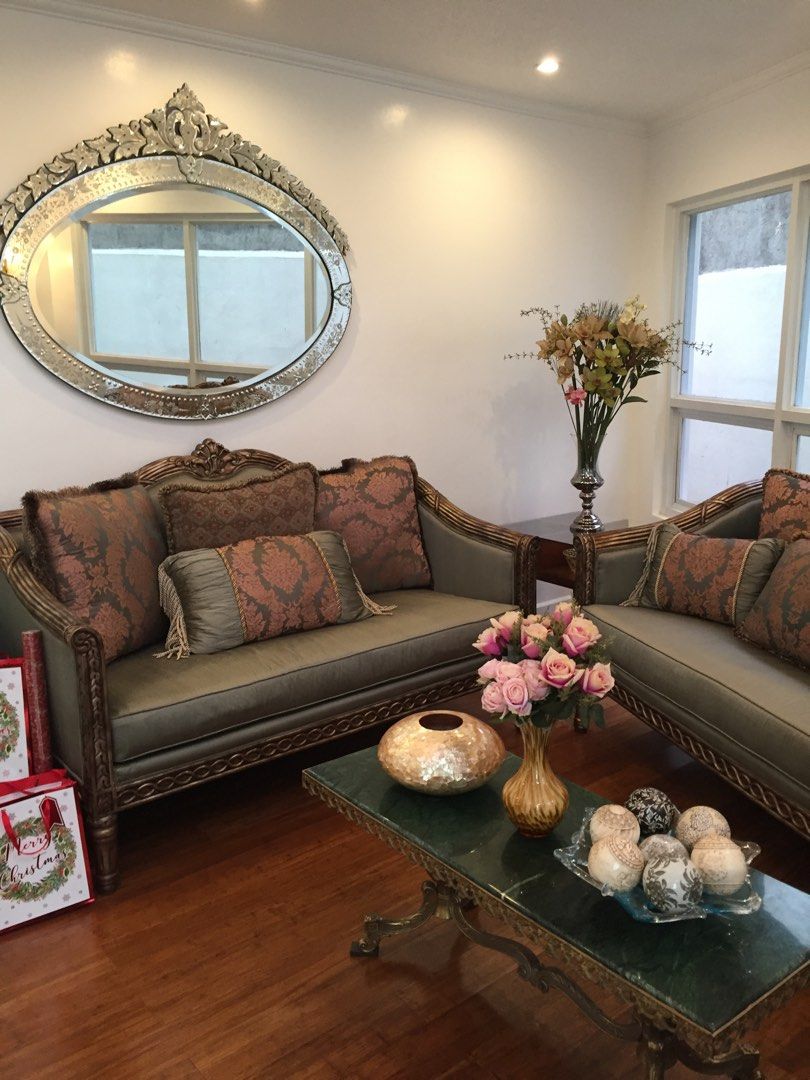 Elegant Classic Authentic Italian Sofa Set (3 pcs) (Category: Sofas) located in Bacoor. Submitted by rizza.rizza2 (Listing ID 1239541453, Image 1). Description: Well loved, very elegant classic Italian sofa set Authentic, imported from Italy 3 pcs - 2 seater, 3 seater and 1 seater sofas Includes matching accent pillows (Mirror and center table not included) Premium hard wood, good foam condition Minor water stains on the sides of one of the sofas