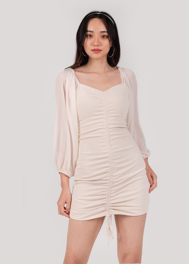 Euphoria Ruched Sleeves Dress In Nude #6stylexclusive, Women's Fashion,  Dresses & Sets, Dresses on Carousell