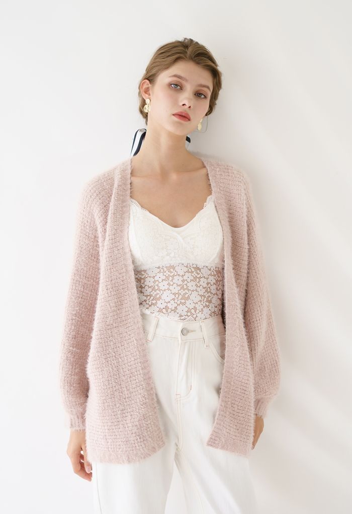 Fall Winter Chicwish Fuzzy Open Front Waffle Knit Dusty Pink
