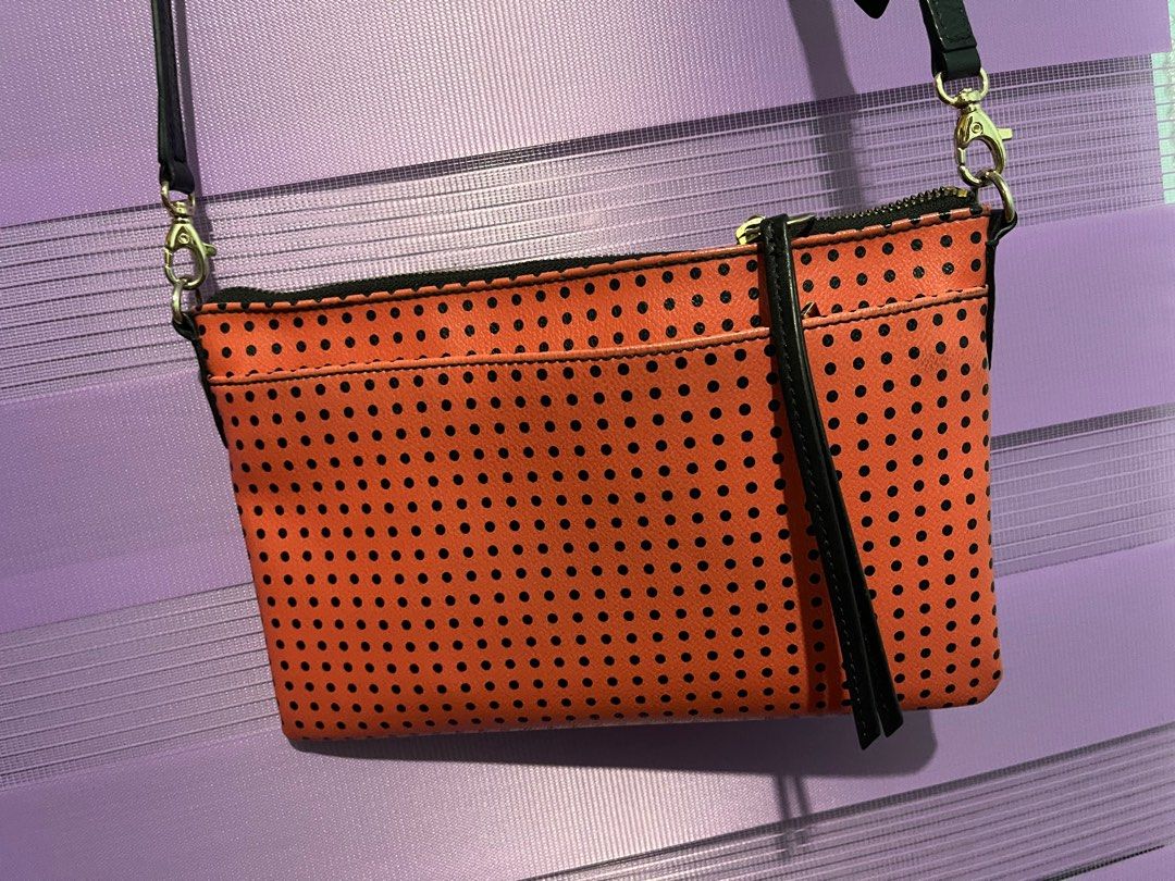 FOSSIL ORANGE BLACK POLKA DOTS SLING BAG
