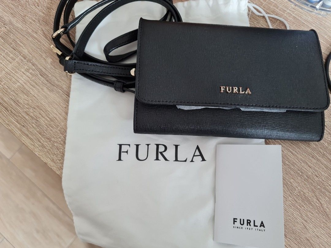 Furla Black Saffiano Leather Long Wallet with removable crossbody