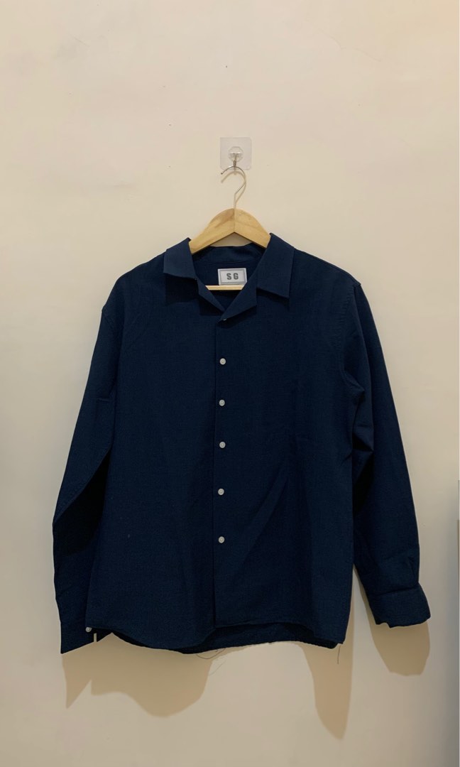 kemeja pria lengan panjang navy blue SG uniqlo zara Campcollar long