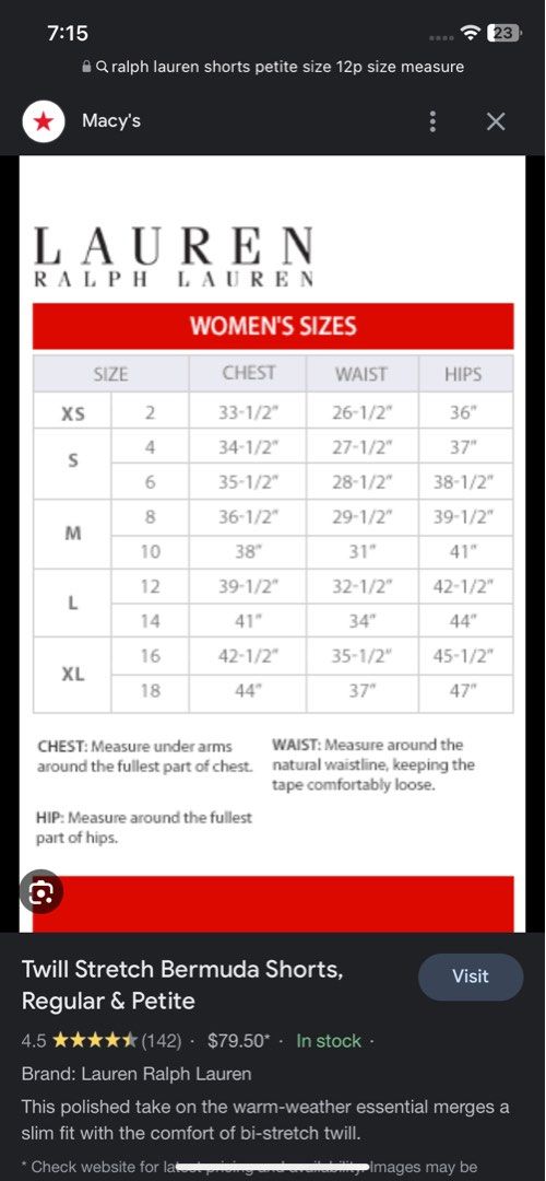 Ralph lauren petite size chart store