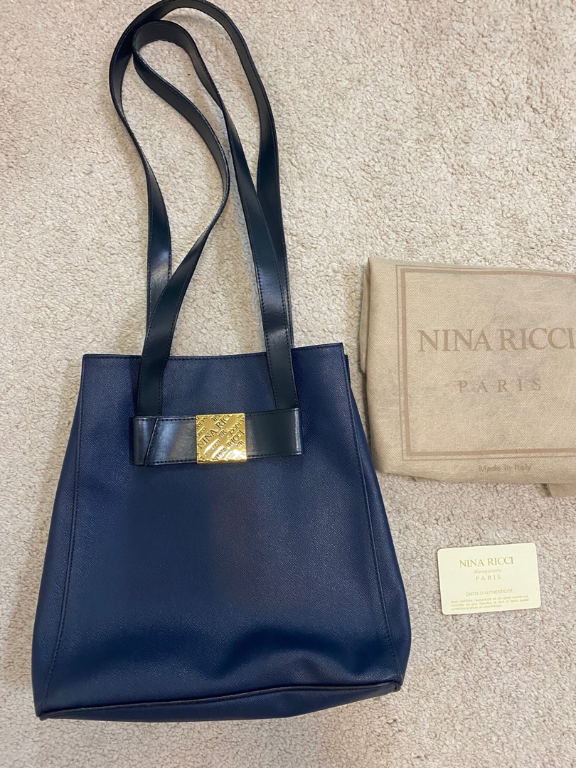 稀有美品✨🇮🇹義大利製Nina Ricci深藍色真皮蝴蝶結托特包肩背包附原廠