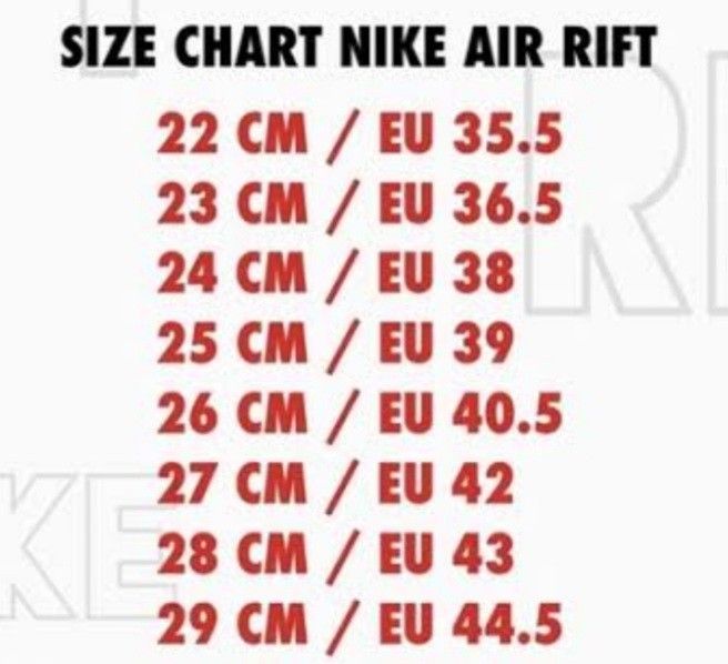 Nike air rift size chart online