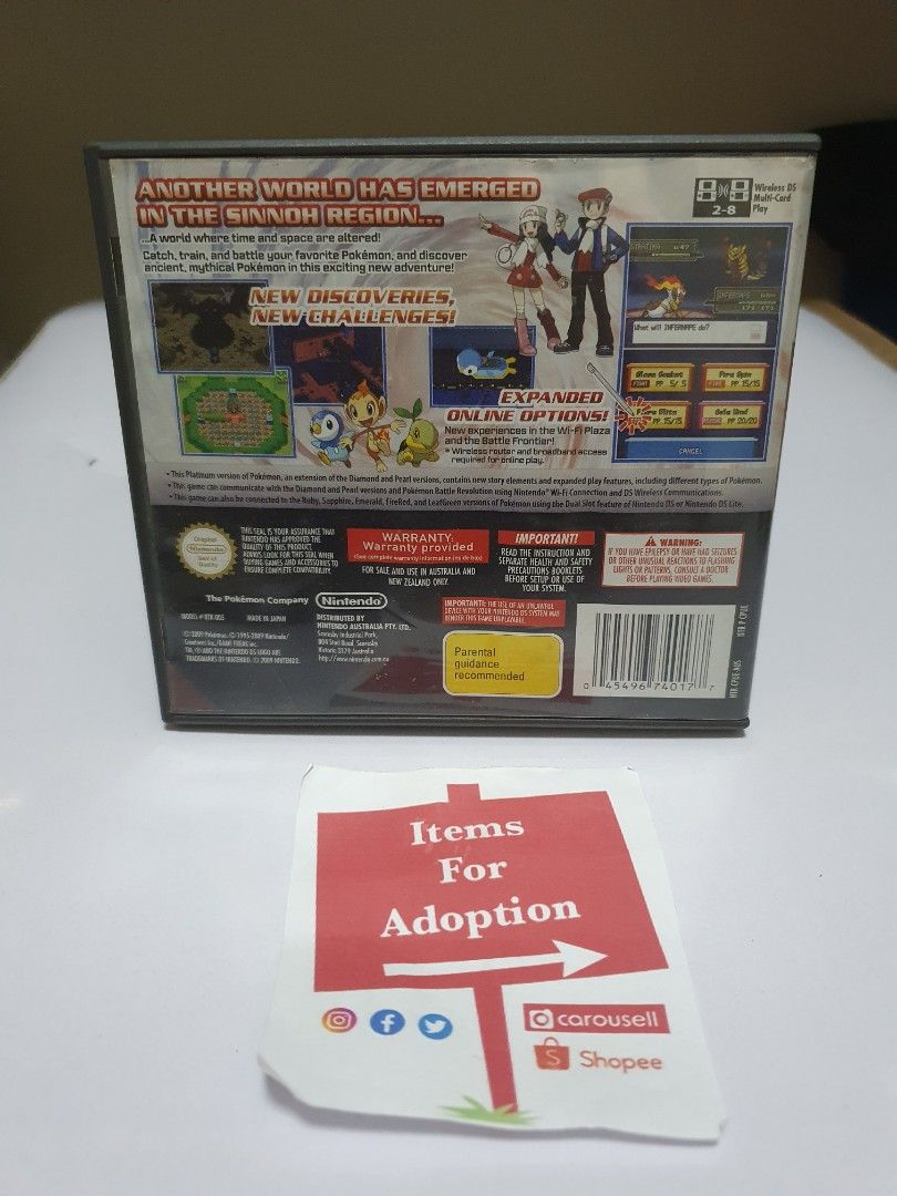 Pokemon Platinum (Nintendo DS, Aus) (Category: Nintendo) located in Quezon City. Submitted by itemsforadoption (Listing ID 1239664900, Image 2). Description: Rfs: Its 2023! Happy New Year! Hoping you have a good year ahead of you! If you have questions feel free to send a message. Though I'll most likely be able to reply from 10am to 8pm. Please be patient and understanding. Decluttering games and items that I've picked up or for friends and fami