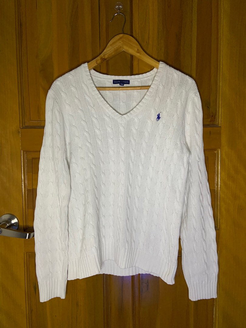 Ralph Lauren Cable Knit Cotton Sweater Women's M Size cotton pale white type Vintage Second Hand