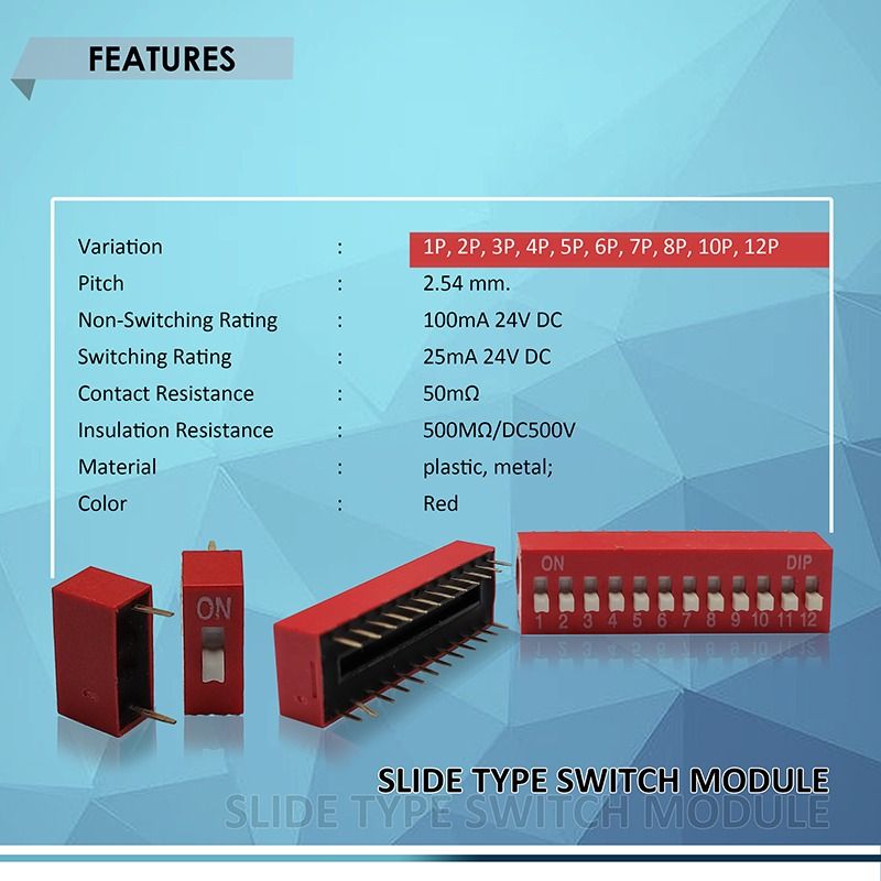 SLIDE TYPE SWITCH MODULE 2.54mm (1-PC per ORDER), 1-12WAY DIP RED PITCH ...