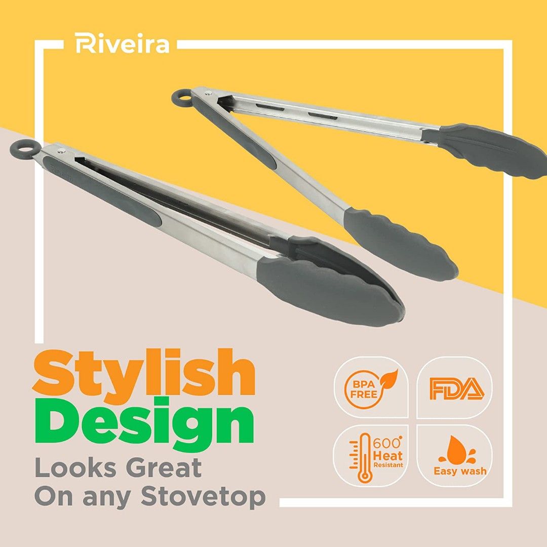 Riveira Tongs for Cooking with Silicone Tips, 9 and 12-Inch Pieces Set