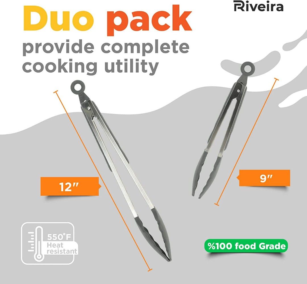 Riveira Tongs for Cooking with Silicone Tips | 9 and 12-Inch Pieces Set |  Non-Stick Kitchen Grill Tongs | BBQ Grilling Tong | 550°F High