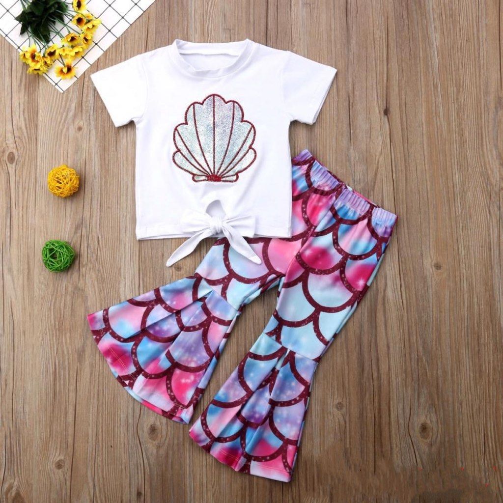 Toddler Kids Baby Girl Mermaid Tops T Shirt Flared Pants 2PCS