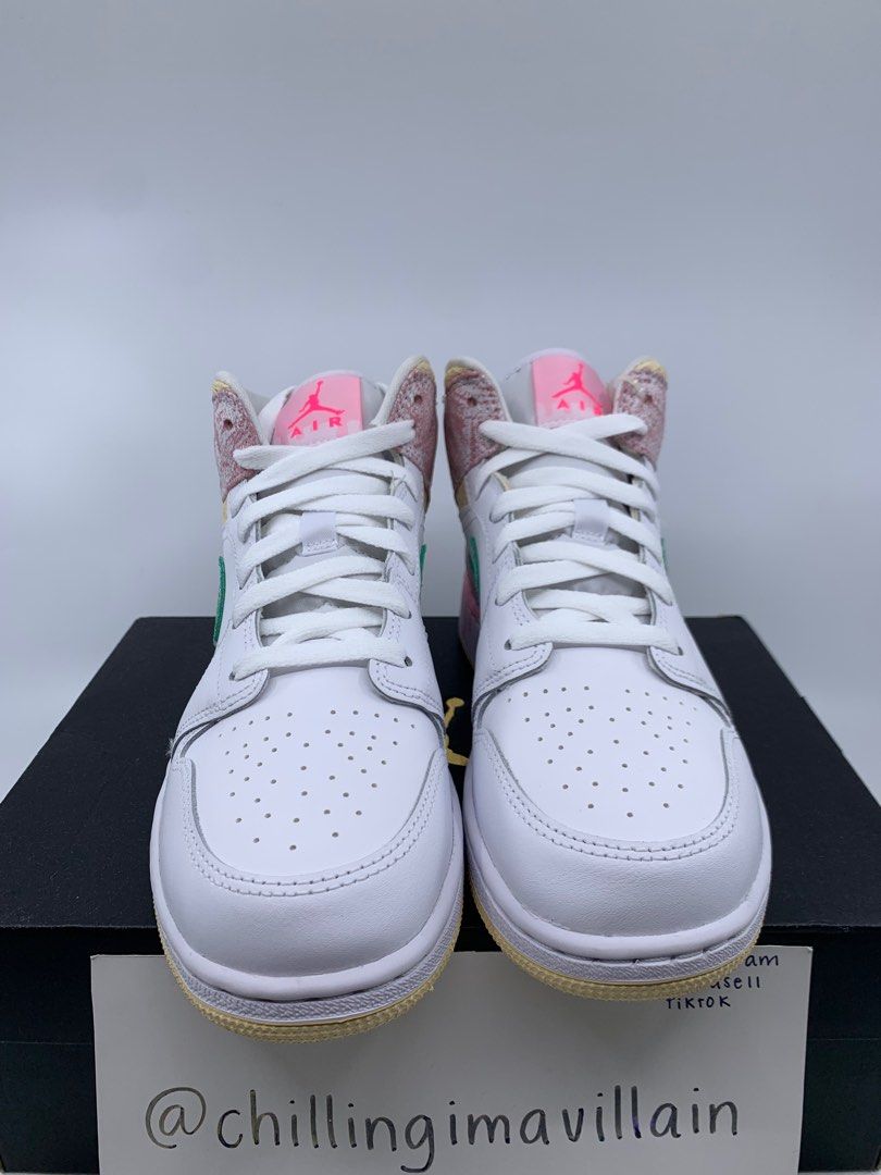 US 7Y Nike Air Jordan 1 Mid Cut Top Ice Cream Pink White Tie Dye