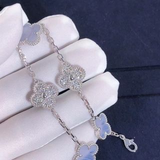 Van Cleef & Arpels Vintage Alhambra Chalcedony & Diamonds 5 Motif 18k White Gold Bracelet