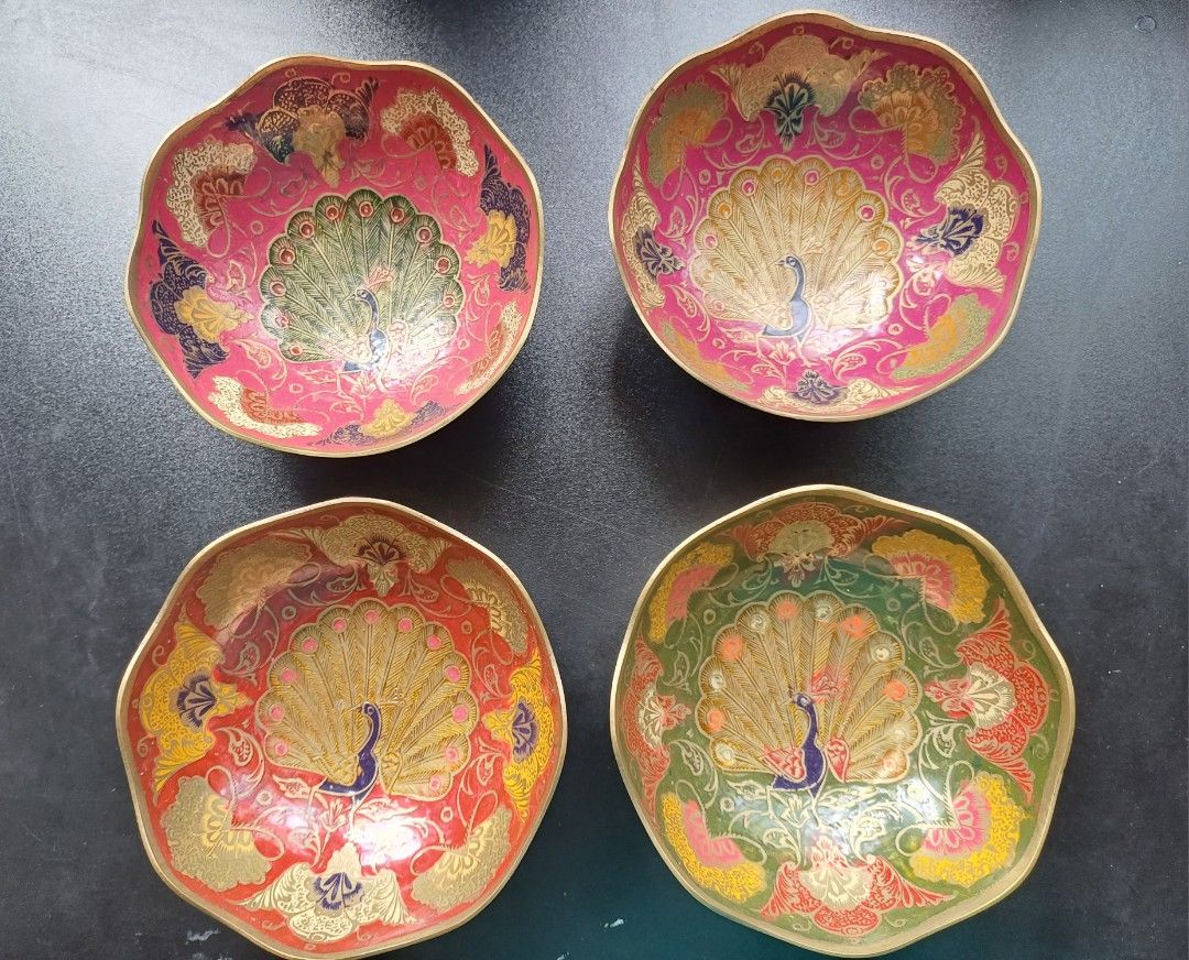 Vintage brass bowl with enamel peacock, Furniture & Home Living, Home