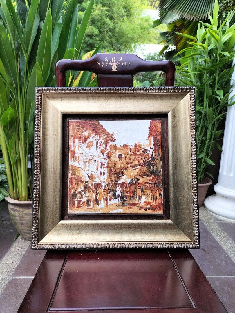 Vintage Canvas Oil Painting of Street Scene, Hobbies & Toys