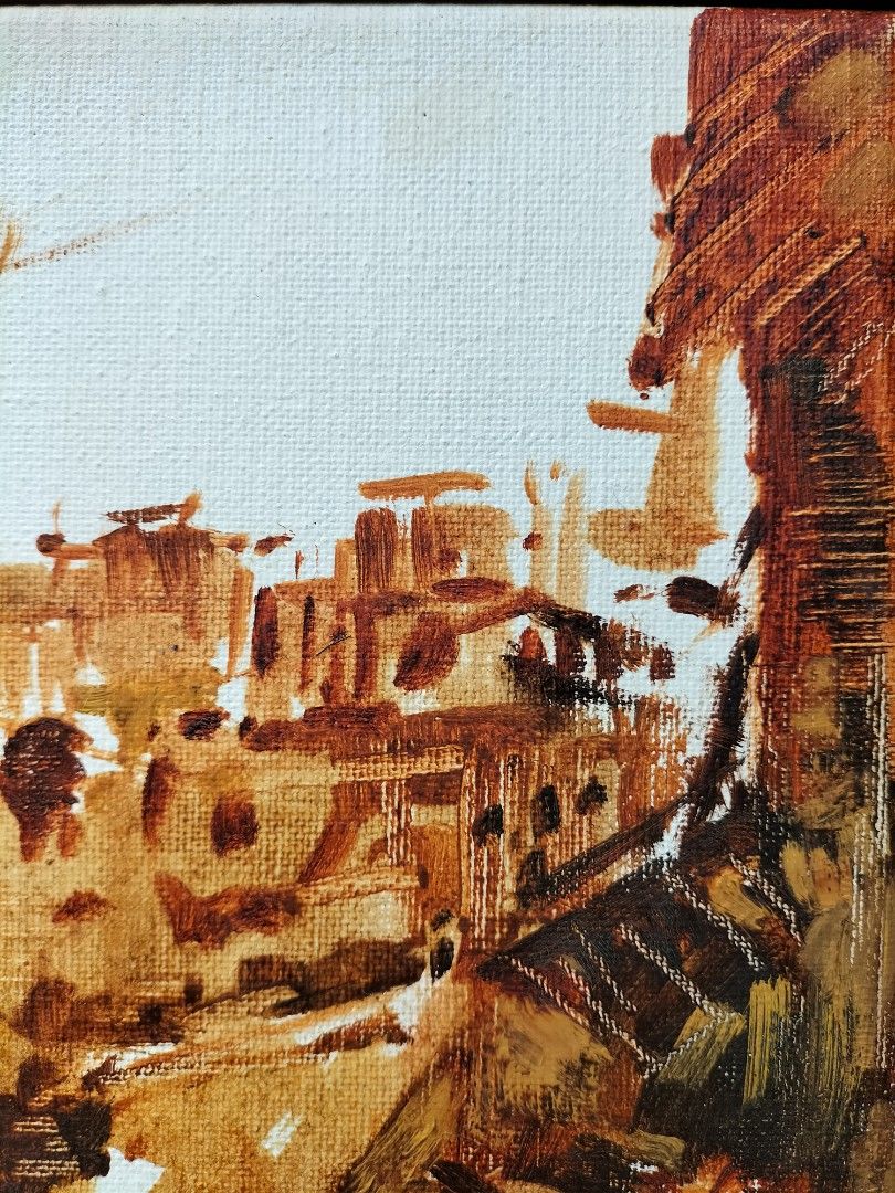 Vintage Canvas Oil Painting of Street Scene, Hobbies & Toys