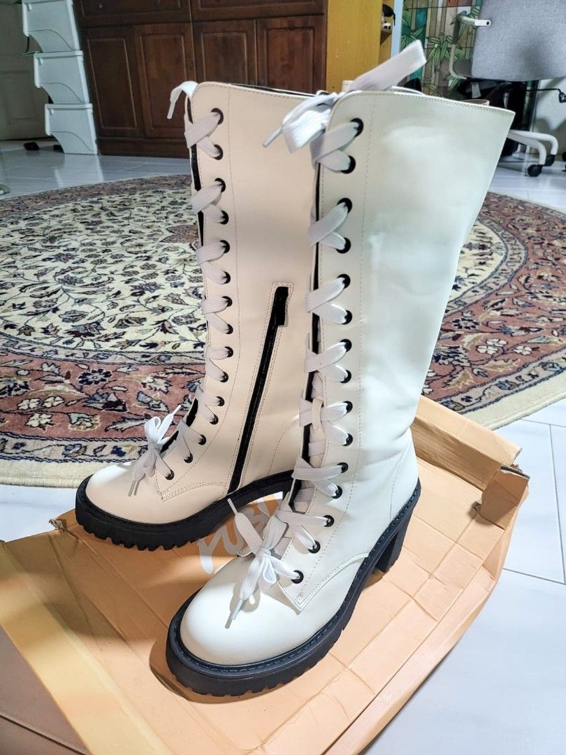 White knee high boots lace up sale