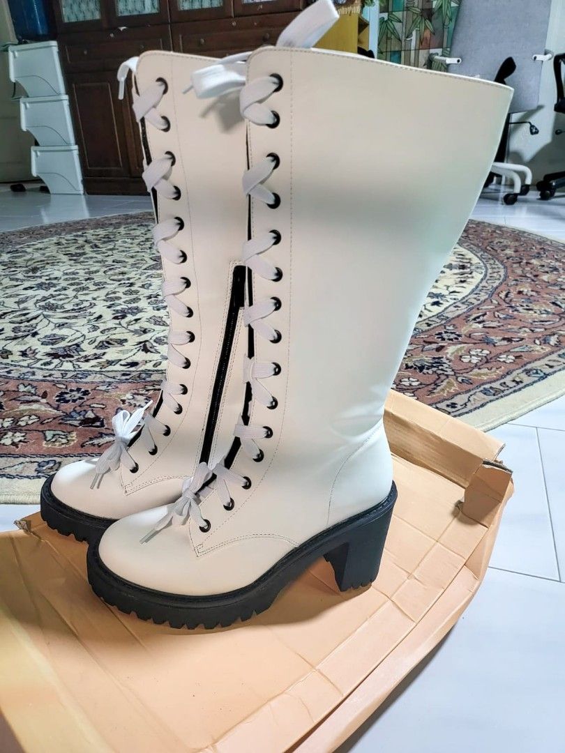White Knee High Lace Up Chunky Boots Women s Fashion Footwear