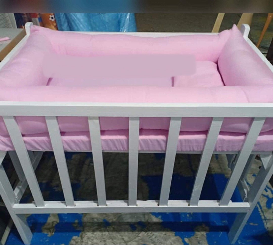 White Wood Crib with Mattress and Pillows on Carousell