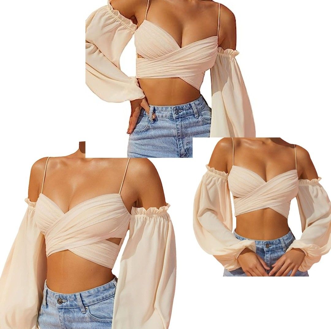 WOW!NITE - Off-Shoulder Long-Sleeve Crop Lace Top