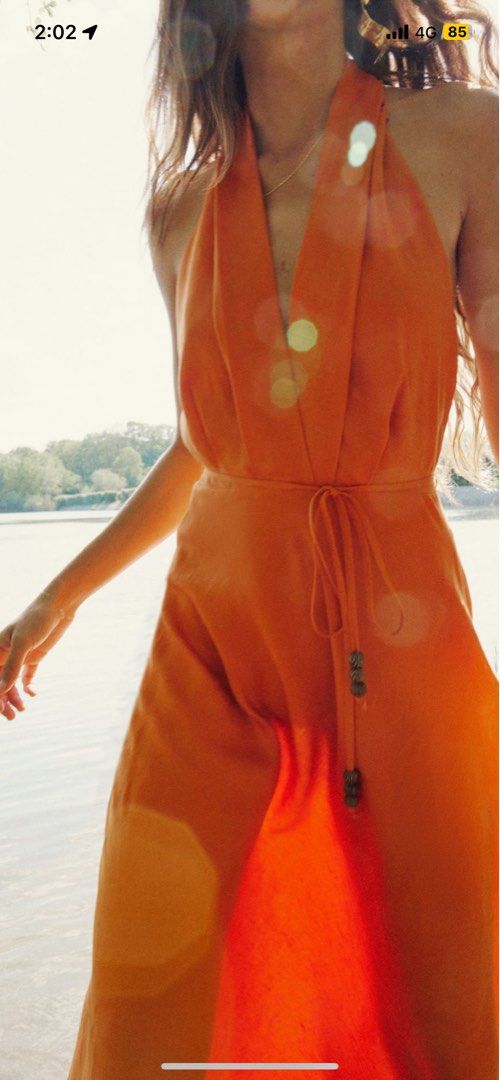 Zara Linen Blended Halter Midi Dress Orange