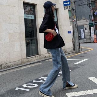 復古藍微喇叭牛仔褲丹寧設計感高腰拖地長褲