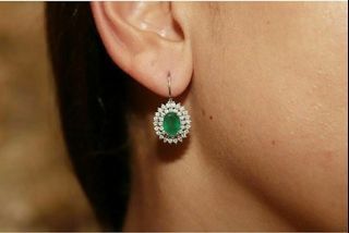 2ct Vintage Art Deco Oval cut green Emerald and Diamond drop dangle Earrings 14k White Gold
