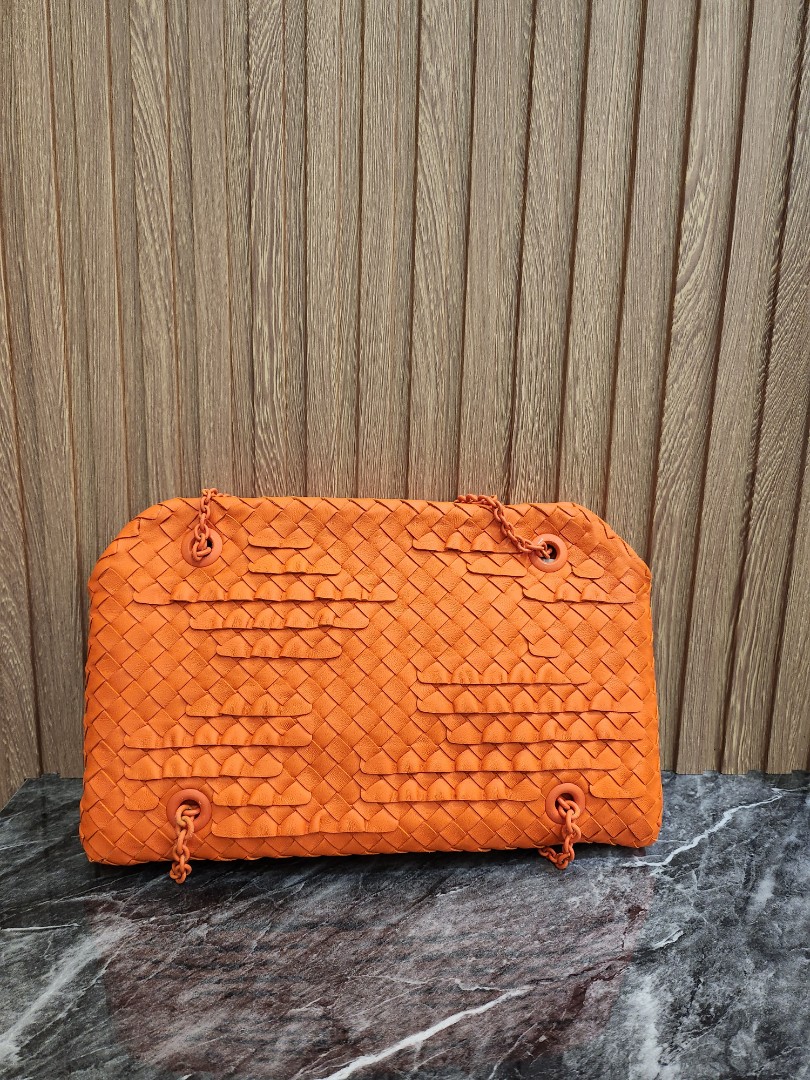 Bottega Veneta Orange Leather Trine Clutch Bag