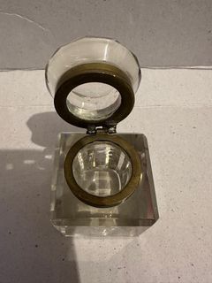 Antique  Cut-Glass Inkwell  Faceted Sides  Brass Banding  Hinged Mushroom top