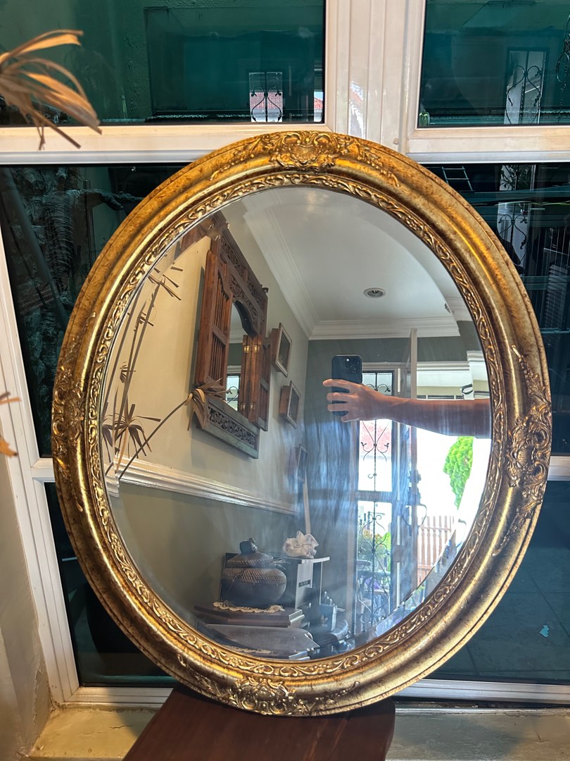 Antique Oval Gold Mirror with Carved Wooden Frame, Furniture & Home